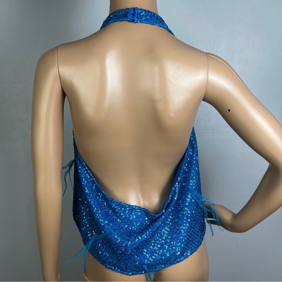 NEW RONNY KOBO BLUE SEQUIN EMBELLISHED HALTER TOP - Picture 7 of 8